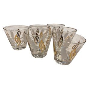 Vintage 1950s Gold/White Abstract Mod Flame Design Lowball Bar Glass Set of 6